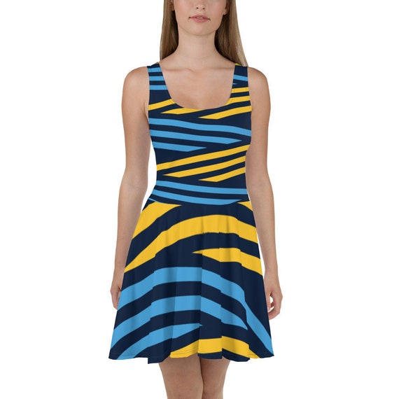 Blue and yellow striped dress deals