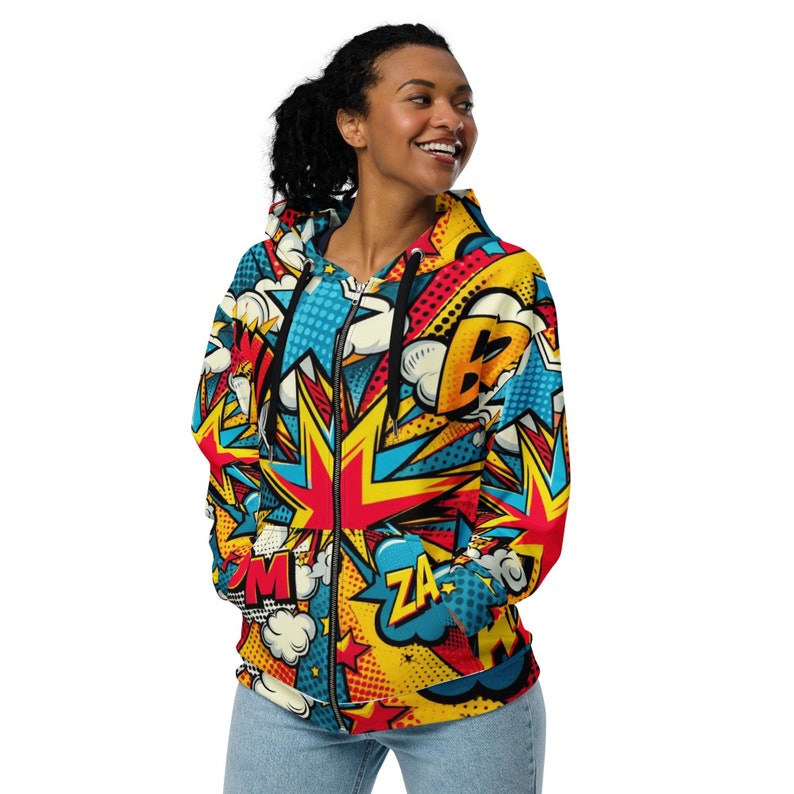 Pop Art Custom Made Zip Hoodie, Retro Gift, Comic Book Winter Wear Designer Hoodie.