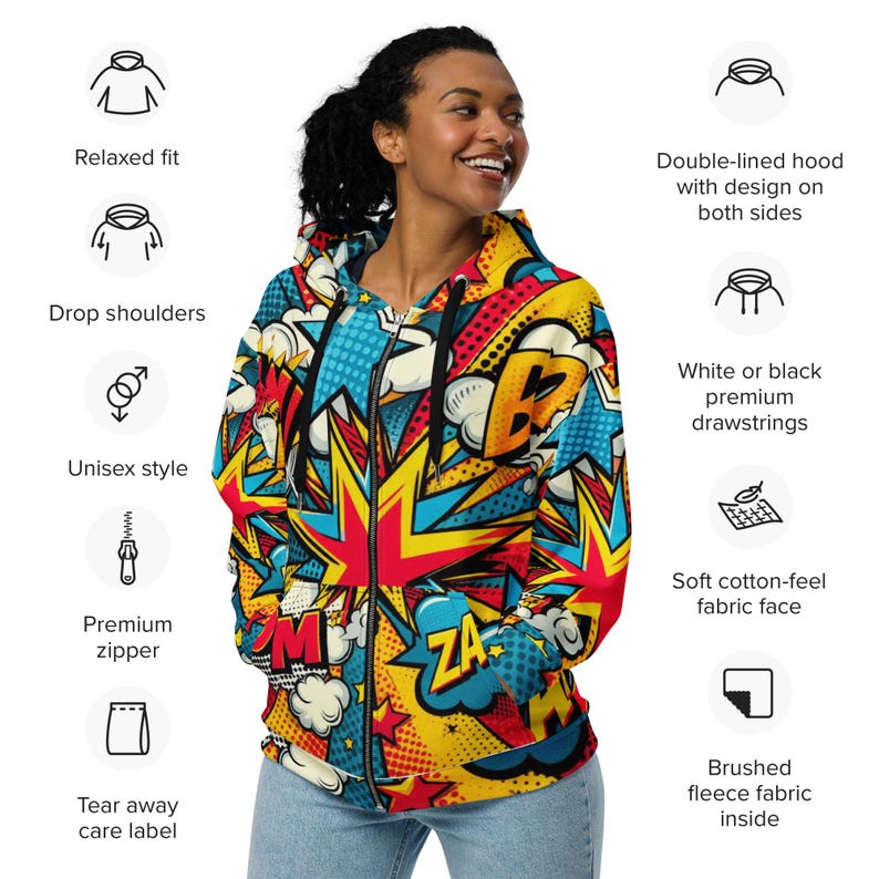 Puede incluir: Una sudadera con capucha de cremallera colorida con un dise&ntilde;o de c&oacute;mic. La sudadera tiene un ajuste holgado, hombros ca&iacute;dos y una cremallera de primera calidad. Tambi&eacute;n cuenta con una capucha de doble forro con un dise&ntilde;o en ambos lados, cordones de primera calidad blancos o negros, una cara de tejido suave al tacto de algod&oacute;n y un forro interior de tejido polar cepillado.