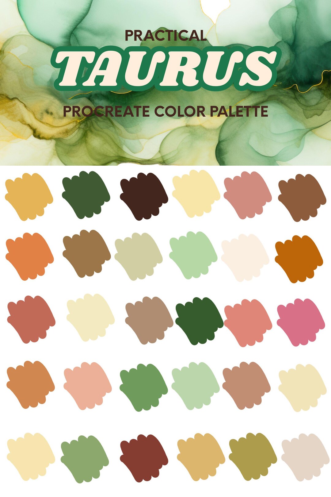 Practical Taurus Procreate Color Palette, 30 Colors, Green, Yellow ...