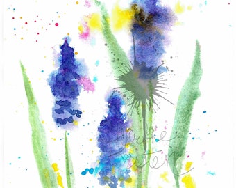 May include: Watercolor painting of blue flowers with green stems and yellow, pink, and blue splatter paint on a white background. The text "Prairie  Sisters" is written in cursive in the center of the painting.