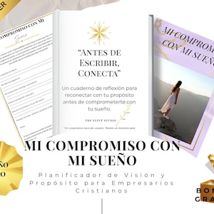 Puede incluir: Imagen de un conjunto de planificador y diario con el texto "MI COMPROMISO CON MI SUEÑO" (Mi compromiso con mi sueño). El conjunto incluye un cuaderno con el texto "ANTES DE ESCRIBIR, CONECTA" (Antes de escribir, conecta). Diseño único, con un regalo extra.