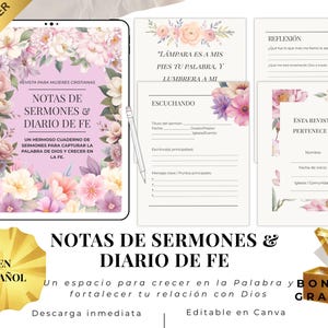 Puede incluir: Un conjunto de diario y planificador digital con un diseño floral. El conjunto incluye una tableta que muestra la portada del diario, titulada "Notas de Sermones & Diario de Fe", y varias páginas coordinadas. El texto está en español.