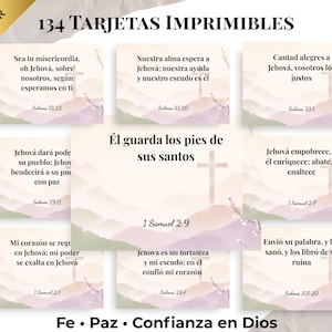 Op de afbeelding: Een verzameling van 134 bedrukbare kaarten met Spaanse tekst, met bijbelverzen en inspirerende citaten. De kaarten hebben een zachte achtergrond in aquarel-stijl en een kruisafbeelding. De tekst "BEST SELLER" staat linksboven.