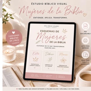 Puede incluir: Una tableta digital que muestra una guía de estudio bíblico visual titulada Esquemas de Mujeres de la Biblia. La pantalla presenta secciones para Ester, Débora y María con iconos de una corona, una rama y una flor, en una paleta de colores rosa y blanco.