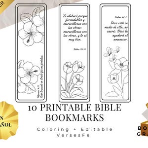 May include: Set of 10 printable Bible bookmarks with floral illustrations. Each bookmark features a different design, including flowers and butterflies, with Bible verses in Spanish. The bookmarks are designed for coloring and are editable.