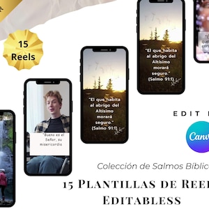Puede incluir: Imagen promocional que muestra una colección de 15 plantillas de Reels editables con versículos bíblicos. La imagen presenta varias pantallas de teléfonos inteligentes que muestran varios diseños, incluyendo vistas panorámicas y retratos, con superposiciones de texto. El logotipo de Canva también es visible.