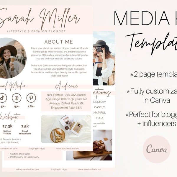 2 Page Media Kit Template Canva - Influencer Media Kit - Press Kit - Blogger Media Kit - Canva Template - Blog Rate Sheet - Rate Card