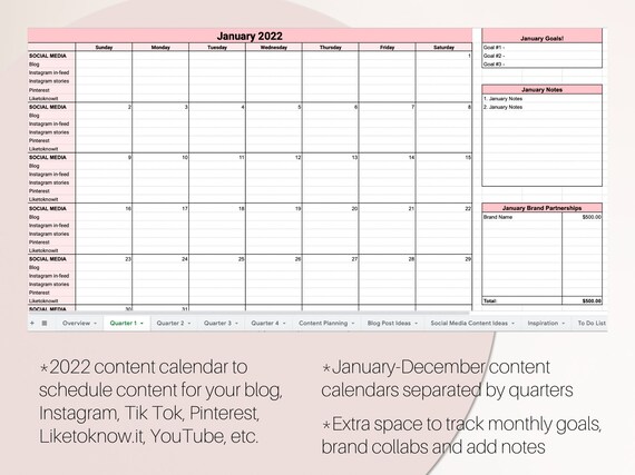 2022 Content Calendar Template Content Calendar Google Sheets Social Media  Content Planner Blog Planner Social Media Planner - Etsy