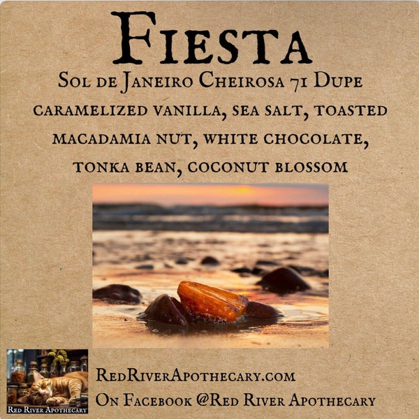 Fiesta Perfume Oil, Sol de Janeiro Dupe Cheirosa 71 Dupe, Caramelized Vanilla, Macadamia Nut, White Chocolate, Sea Salt, Tonka Bean, Coconut