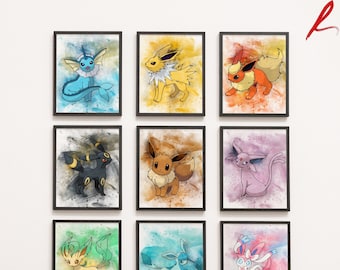 All Eeveelutions Family Pastel Poke Prints, Eeeveelution Printable, Digital Download, Eeveelution Pastel Wall Art, Eeeveelution Room Decor