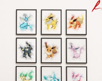 All Eeveelutions Family Poke Prints, Eeeveelution Printable, Digital Download, Eeveelution Watercolor Wall Art, Eeeveelution Room Decor