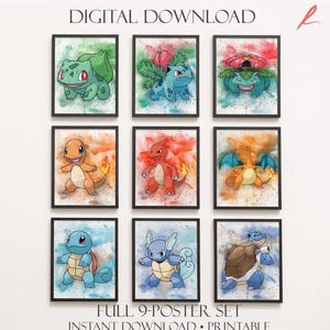 Affiche Pokemon Starter Evolution, art mural Bulbizarre Salamèche, impression pastel pour chambre d'enfant, décoration d'anniversaire pour chambre d'enfant