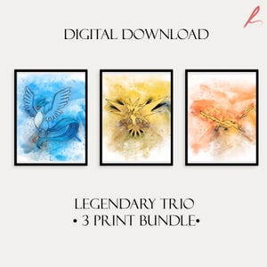 Mystical Trio Pastel Wall Art  Articuno, Zapdos & Moltres | Digital Nursery Decor | Legendary Pokémon Home Decor | Calming Room Art Download