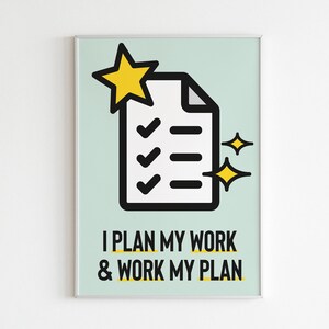 Digitale poster I Plan My Work en Work My Plan" – motiverende muurkunst met hoge resolutie voor productiviteit en succes