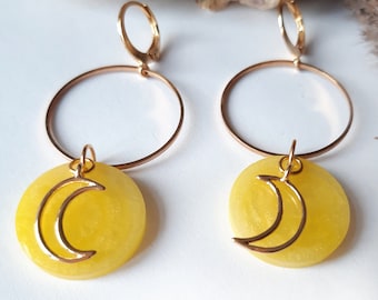 Stainless steel hoops earrings with yellow moon resin pendant - Moon dangle drop earrings - Gift for her - Lightweight jewellery