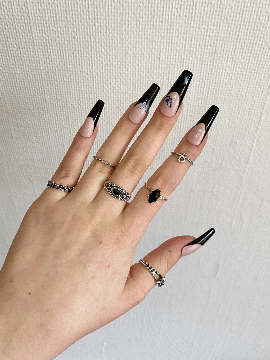 Black french tip butterfly trendy press on nails | Etsy