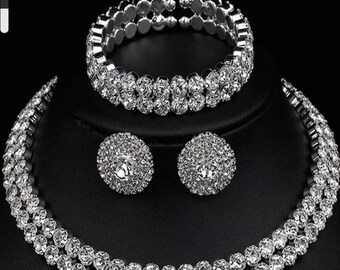 Crystal jewelry set|Bridal necklace set|bridal jewelry|mothers day|rhinestone jewelry|silver jewellery set|cubic zirconia earrings|stud