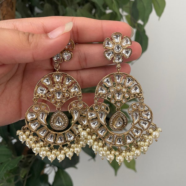 Kundan Earrings|Gold Earrings| drop earrings|Indian earrings|long hanging jhumka earring|Indian jewelry|chandballi|tikka set|bollywood jewel