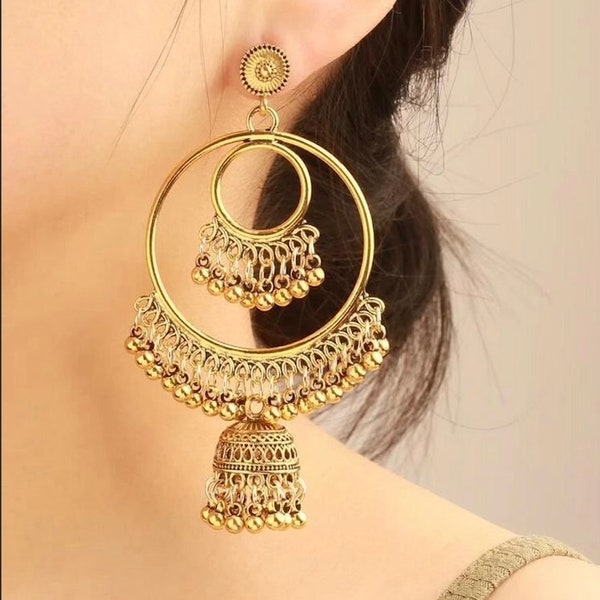 Boucles d'oreilles en or|boucles d'oreilles pendantes|Boucles d'oreilles indiennes|boucle d'oreille jhumka longue pendante | Bijoux indiens|Bijoux indiens|boucles d'oreilles kundan