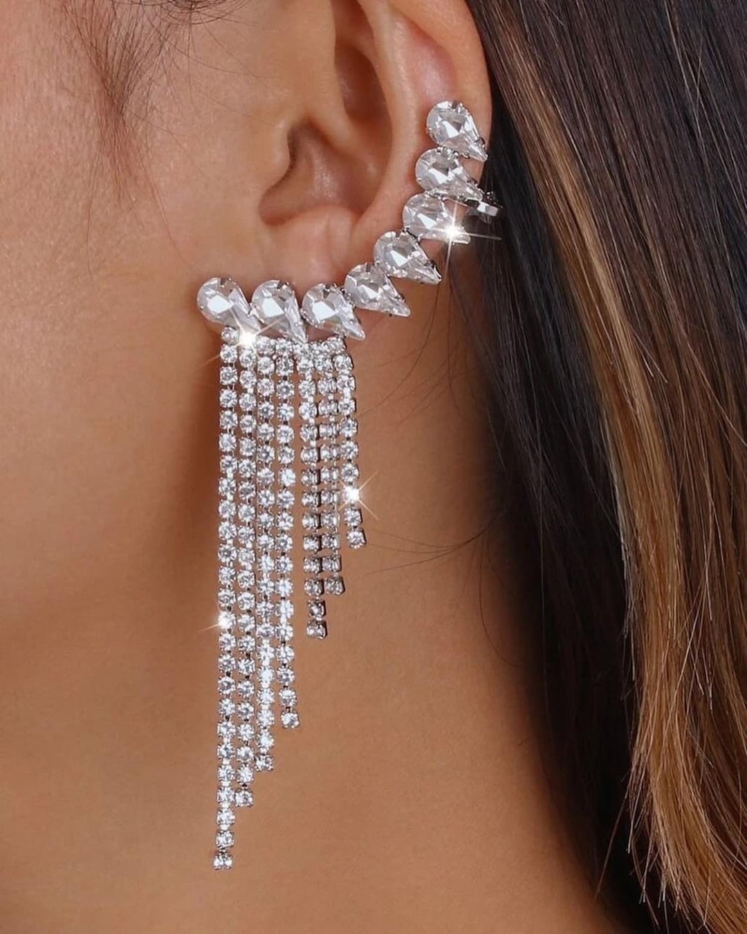 Cubic Zirconia Teardrop Dangle Chandelier Earrings In Sterling Silver