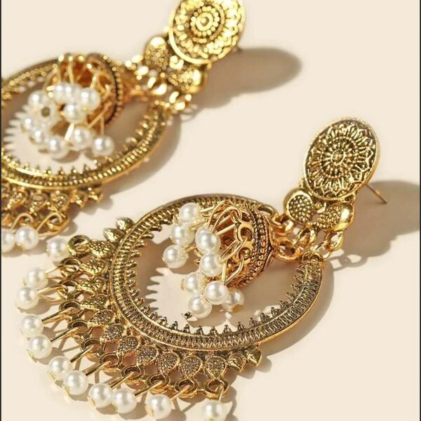Gold Earrings| drop earrings| Indian earrings| long hanging jhumka earring | Indian jewelry| Indian jewellery