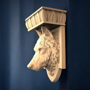 Soporte de estante con forma de lobo, ménsula con cabeza de lobo, lobo de madera tallado, soporte de madera, decoración de cabaña
