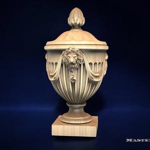 Wooden Classical Urn-Shaped Decorative Finial with Lion Head Relief – Neoclassical Wood Decor