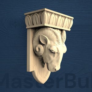 Ram Head Wood Corbel – Decorative Animal Wall Bracket, Rustic Shelf Support, Unpainted