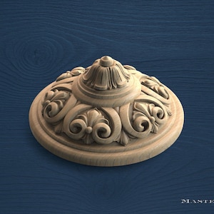 Ornate Dome Wood Rosette – Renaissance Carved Wooden Applique, Unpainted Ceiling or Furniture Decoration, Classic Round Wood Onlay