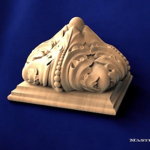 Remate de poste quadrado ornamentado em madeira – Ponteira esculpida em folha de acanto, madeira sem pintura, para decoração de poste de corrimão, poste de cama ou pilar.