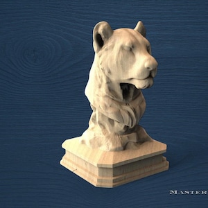 Wood Lioness Bust Post Cap, Unpainted Animal Finial for Staircase or Bed Post, Rustic Decorative Lioness Head Sculpture, 1pc Wooden Accent