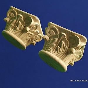 Set of 2 Corinthian Wood Capitals – Decorative Carved Column Tops, Unpainted Classical Appliques