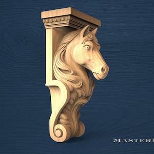 A carved wooden horse head with a decorative scroll design on a dark blue background.