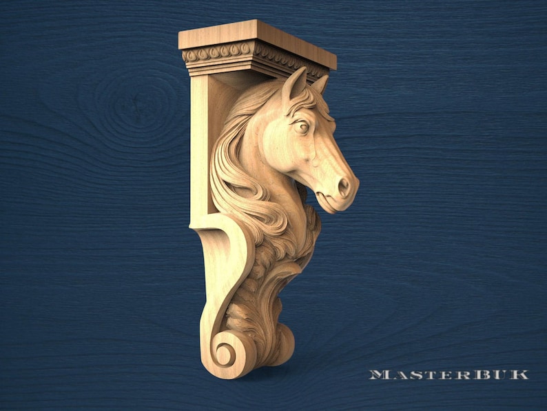 A carved wooden horse head with a decorative scroll design on a dark blue background.