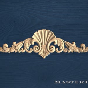 Grand Shell and Acanthus Wood Onlay – Ornate Horizontal Wooden Applique, Unpainted Fireplace Mantel Decoration, Classic Baroque Style Trim