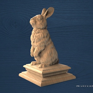 Remate de madera con forma de conejo – Adorno para poste de escalera o cama, estatua de conejo tallada a mano, figura de madera sin pintar