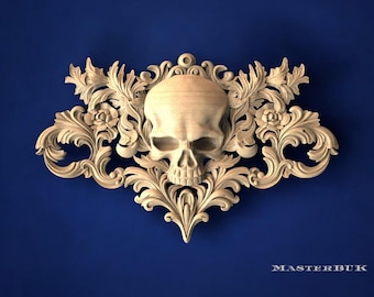 Baroque Skull Onlay – Reaper&#39;s Crest Carved Wood Applique, Horizontal Floral Decoration, Gothic Wooden Wall Accent