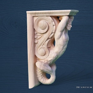 Merman-Holzkonsole – Geschnitzte nautische Wandkonsole, mythische Regalstütze, unbemaltes Meeresdekor