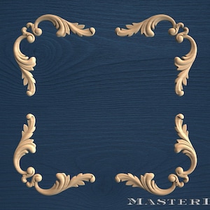 Acanthus Corner Wood Onlay Set – Classical Carved Decorative Trim, Unpainted Hardwood Appliques, Set of 4pcs for Furniture or Wall Panels