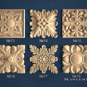 May include: Six square wooden decorative carvings with intricate floral and geometric relief patterns. Each piece is labeled with a number from 13 to 18, and the text MASTERBUK is printed at the bottom right corner of the dark blue background.