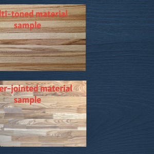 two different types of wood grain samples, one with a multi-toned material and the other with a finger-jointed material. The text labels the samples accordingly.
