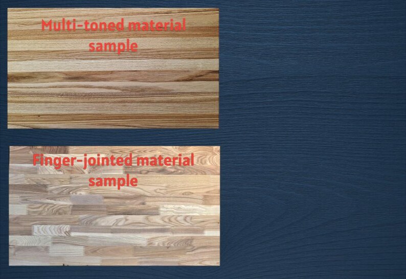two different types of wood grain samples, one with a multi-toned material and the other with a finger-jointed material. The text labels the samples accordingly.