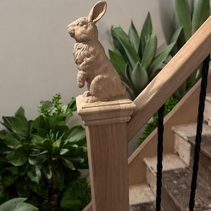 Rabbit statue of wood, Rabbit Wooden Finial for Staircase Newel Post, Rabbit finial bed post,