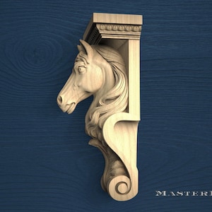 A carved wooden horse head mounted on a wall, with a decorative scroll design on the side.