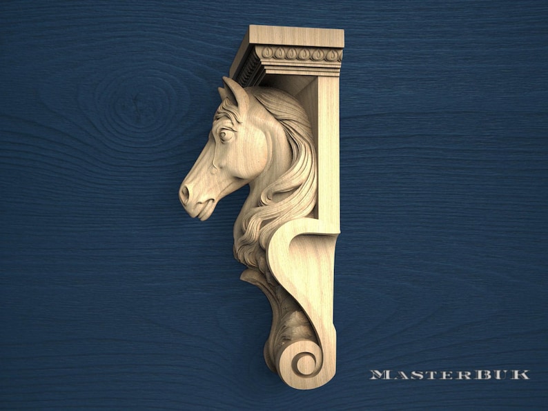 A carved wooden horse head mounted on a wall, with a decorative scroll design on the side.