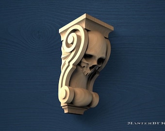Ménsula de calavera gótica de madera, decoración de calavera de madera tallada, decoración de pared gótica para el hogar, soporte de calavera de estilo antiguo, arte de pared de madera oscura, sin pintar