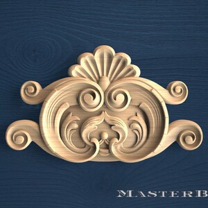 Oval Crest Wood Applique with Scrolls and Shell Fan – Baroque Carved Wooden Accent for Furniture, Fireplace, or Wall Décor – Unpainted