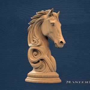 May include: A detailed wooden sculpture of a horse's head and neck. The sculpture is light brown with intricate carvings, including flowing mane and decorative swirls. The base is round with a detailed border. The text "MASTERBUK" is at the bottom.