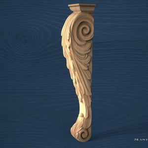 Lange, geschnitzte Holzkonsole, elegante geschwungene Blattkonsole, dekoratives Wandelement, unbemaltes Holzornament für die Inneneinrichtung